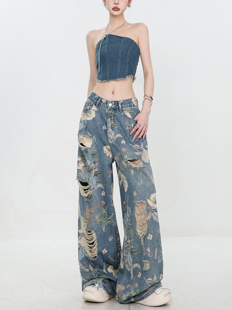 Big Ripped Original American Style Retro Printed Ripped Jeans Women'S Loose Straight Wide Leg Pants - Image 2